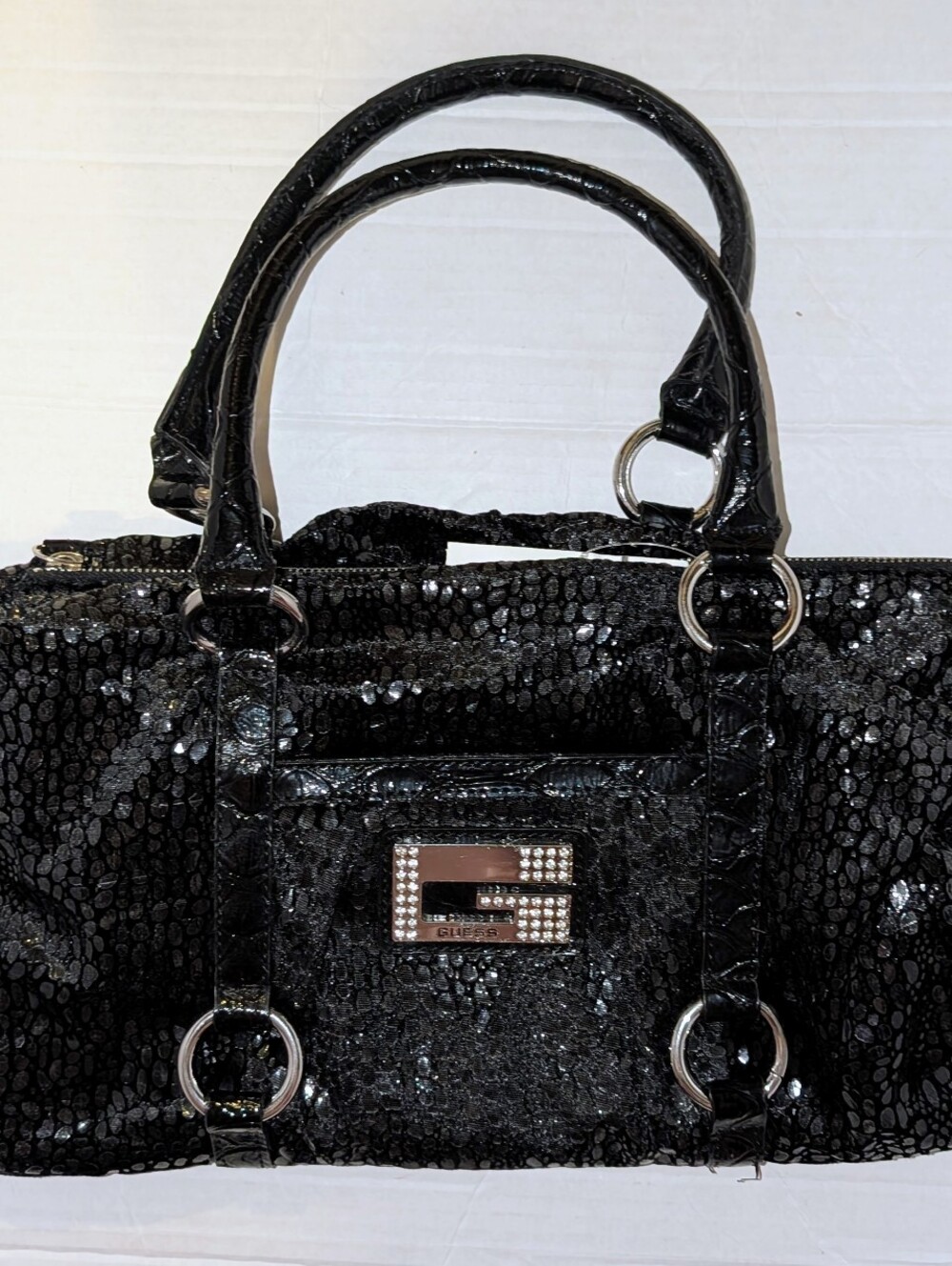 [NWT] VINTAGE Y2K GUESS BLING BAG Black Reptile Rhinestone G Logo DEADSTOCK MINT - Picture 2 of 11